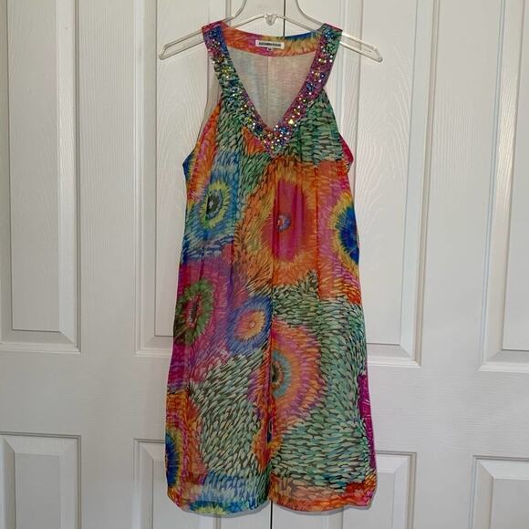 Alexandra Rosati Dress Tie-Dye Rainbow Floral Gemstone Embellished V-Neck Medium - Picture 8 of 8